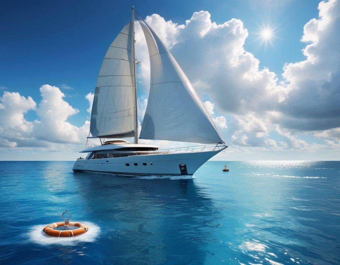 A luxurious yacht sailing peacefully on crystal blue waters, surrounded by various marine insurance symbols like shields and lifebuoys. Include a sunlit sky with fluffy clouds and a subtle compass rose in the background, hinting at custom navigation. The yacht should be showcased from a slight aerial perspective to emphasize its grandeur and the surrounding options. super-realistic. vibrant colors. ocean theme.