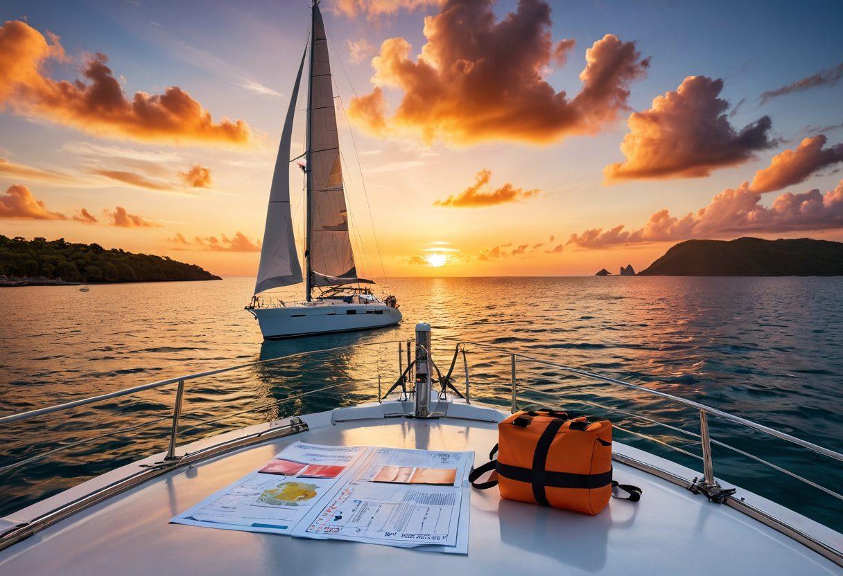 A serene yacht sailing on a calm sea, surrounded by vibrant tropical islands. Display nautical safety gear like life jackets and a first-aid kit in the foreground, with sailors reviewing a risk management checklist on deck. Add a bright sunset casting colorful reflections on the water to evoke a sense of adventure and safety. super-realistic. vibrant colors. panoramic view.