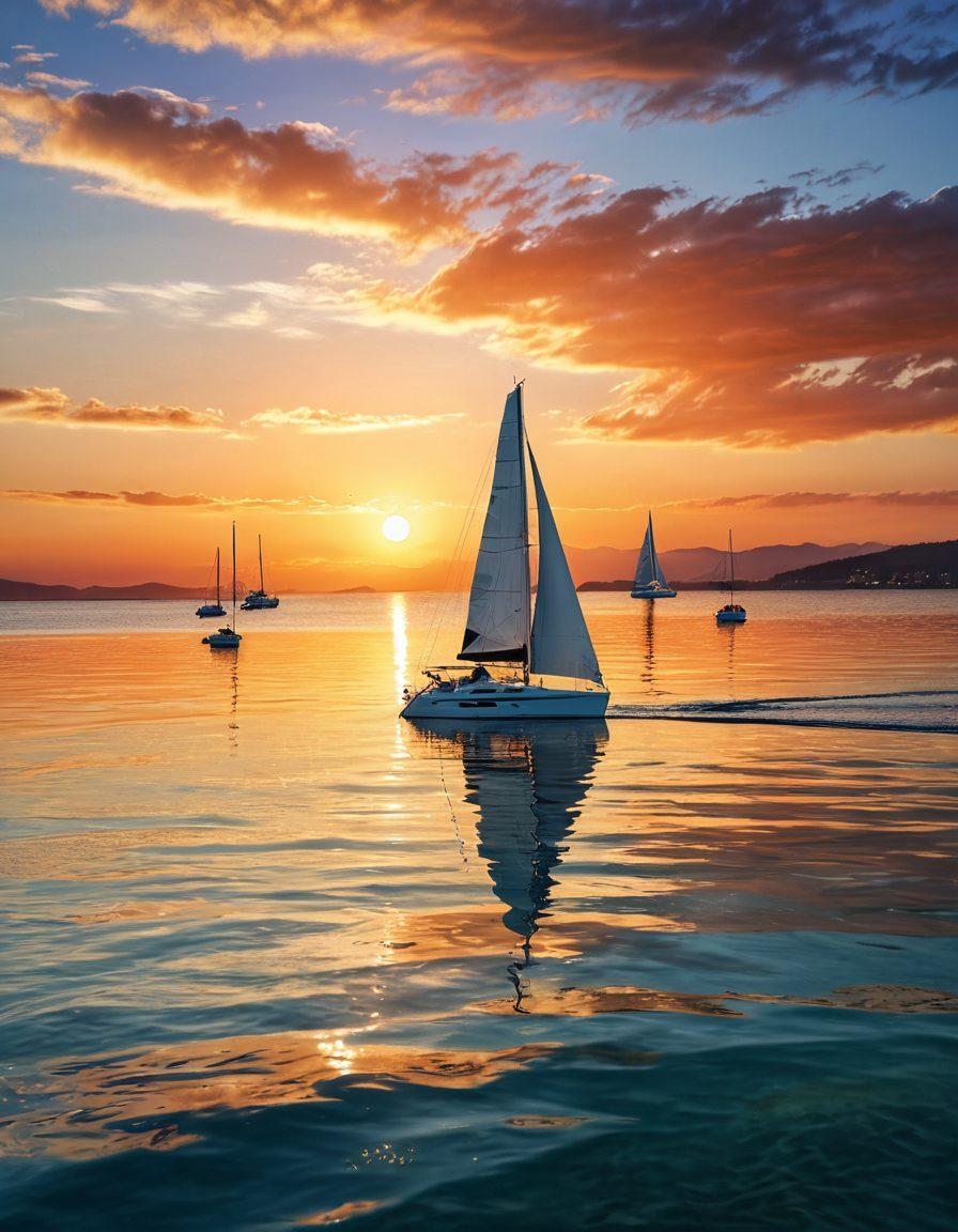 A serene yacht gliding through crystal-clear waters, surrounded by soft waves and a stunning sunset. Include a distant view of a harbor with various yachts, and a prominent sailboat displaying an insurance shield symbol. The scene conveys a sense of safety and adventure, appealing to yacht owners. super-realistic. vibrant colors. peaceful atmosphere.